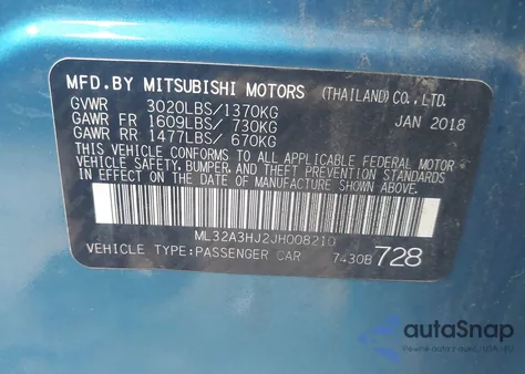 2018 Mitsubishi Mirage Es from USA, damaged, VIN ML32A3HJ2JH008210